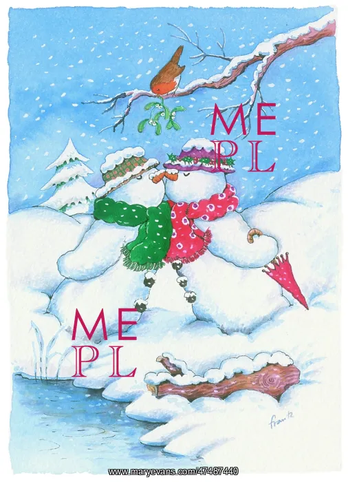 : Two snowmen kissing under mistletoe : Two snowmen kissing under mistletoe