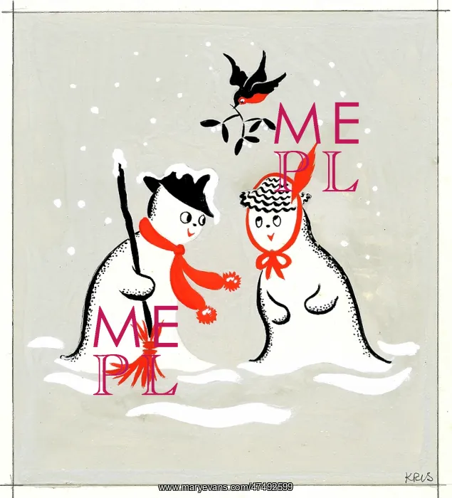: Two snowmen and robin with mistletoe : Two snowmen and robin with mistletoe