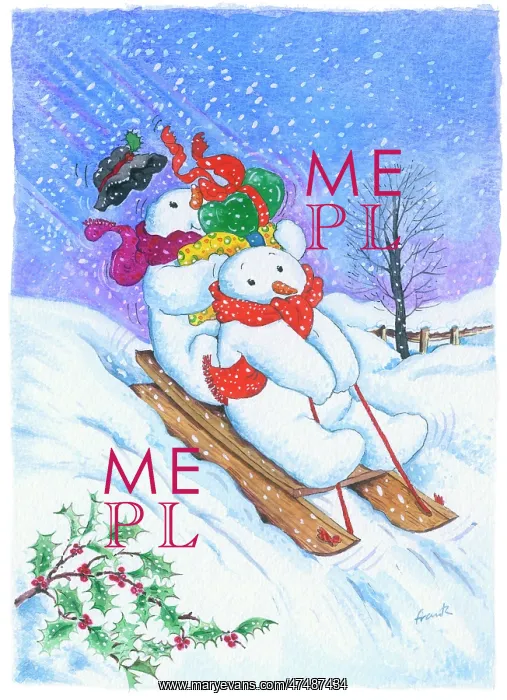  : Two snowmen on a toboggan sliding downhill