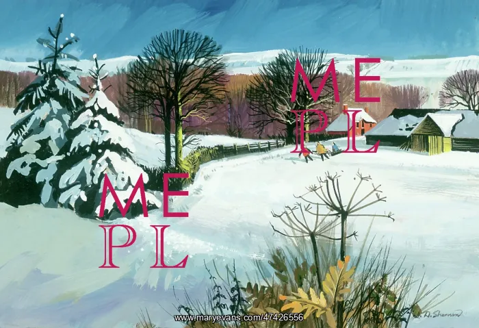  : Snowscene with trees and farm buildings and children pulling sledge