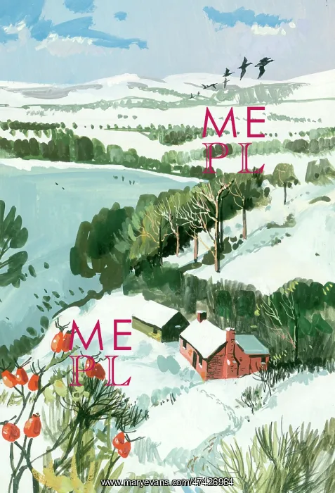  : Snowscene - looking down on to houses and lake with rose hips in foreground