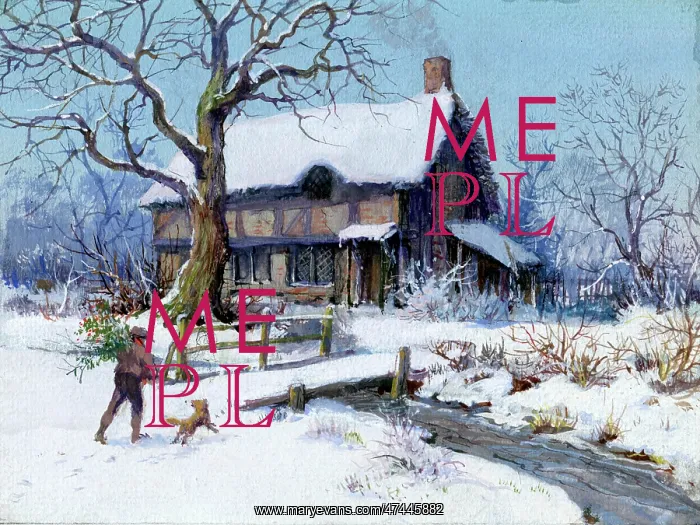  : Snowscene. Bringing Home the Holly - snowscene with man and dog, bridge over stream