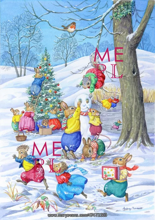 : Snowscene ' animals decorating Xmas tree : Snowscene ' animals decorating Xmas tree