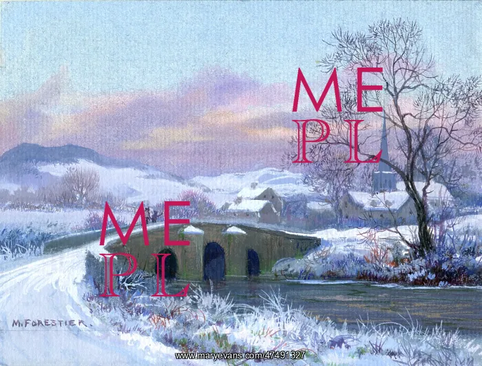: Snowscene with bridge over river, village : Snowscene with bridge over river, village