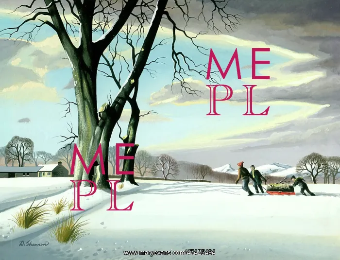 : Snowscene with three figures pulling log on sledge : Snowscene with three figures pulling log on sledge