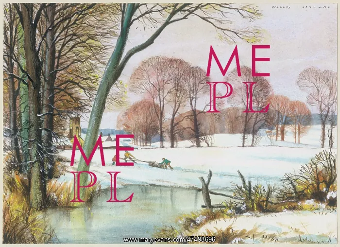 : Snowscene with pond in the foreground and three men dragging : Snowscene with pond in the foreground and three men dragging
