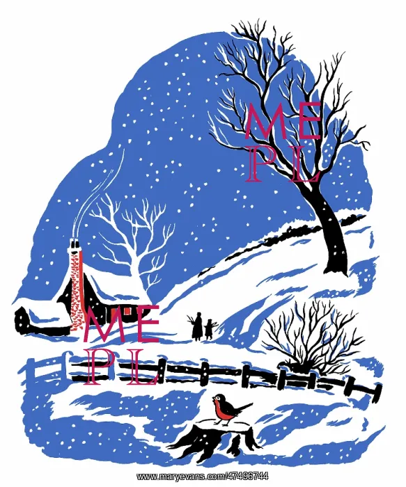 : Snowscene with robin and cottage : Snowscene with robin and cottage