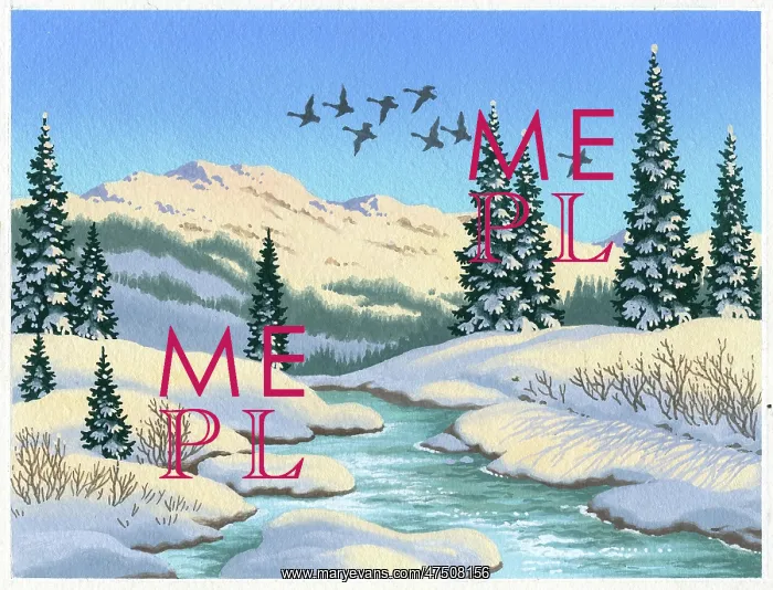: Snowscene with stream, fir trees and geese : Snowscene with stream, fir trees and geese