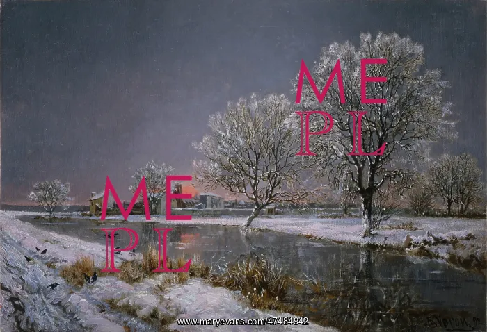 : Snowscene ' Wintry scene of trees by a river : Snowscene ' Wintry scene of trees by a river