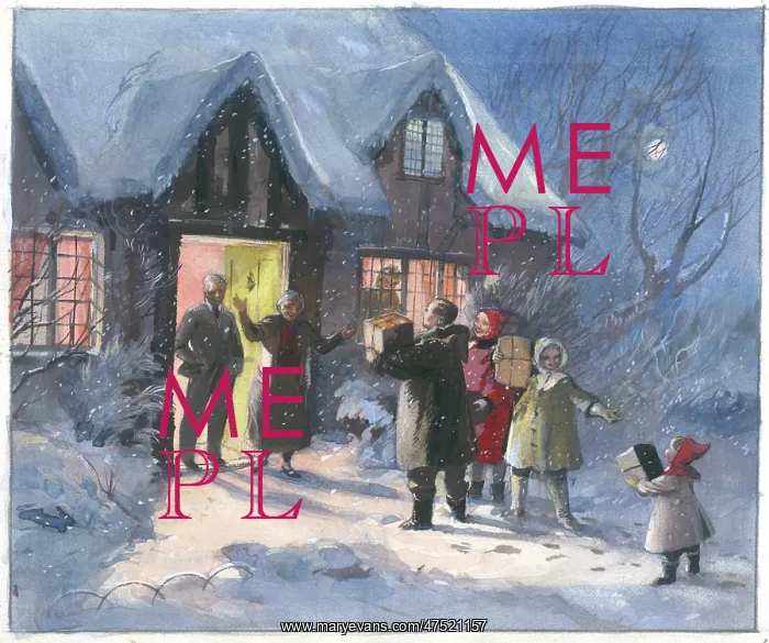 : Snowy evening - family with presents : Snowy evening - family with presents