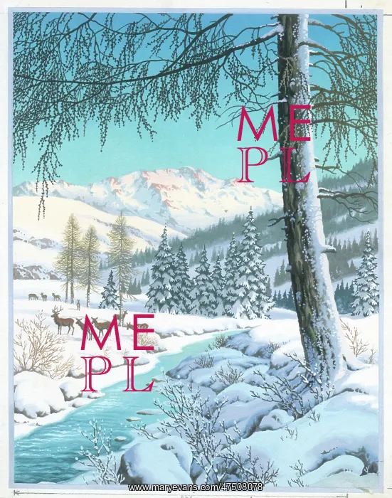 : Snowy landscape with deer, stream and trees : Snowy landscape with deer, stream and trees