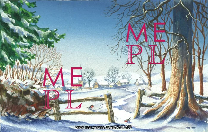 : Snowy Landscape with two robins by a tree : Snowy Landscape with two robins by a tree
