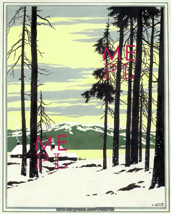 : Snowy landscape with trees and cottages : Snowy landscape with trees and cottages