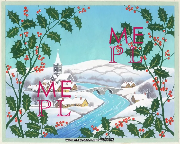: Snowy village with river and holly : Snowy village with river and holly