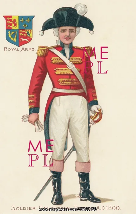 : A soldier from the Hanoverian period, AD1800, and the royal coat of arms : A soldier from the Hanoverian period, AD1800, and the royal coat of arms