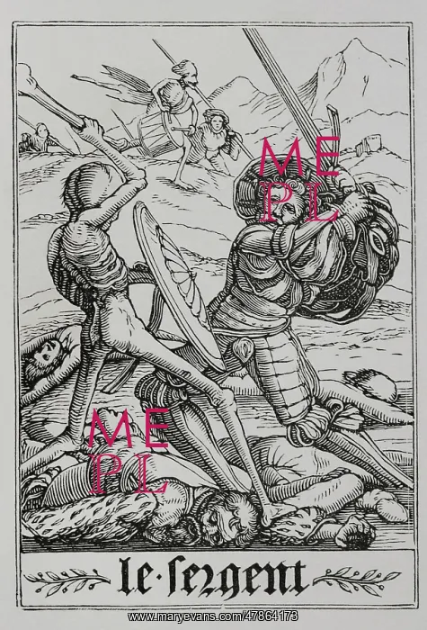 : A soldier fighting against Death. At his feet : A soldier fighting against Death. At his feet