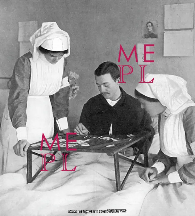 : Soldier in hospital explaining an action with matches, WW1 : Soldier in hospital explaining an action with matches, WW1
