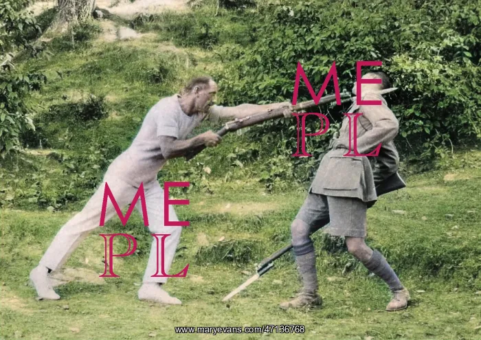 : Two soldiers doing bayonet practice, India : Two soldiers doing bayonet practice, India