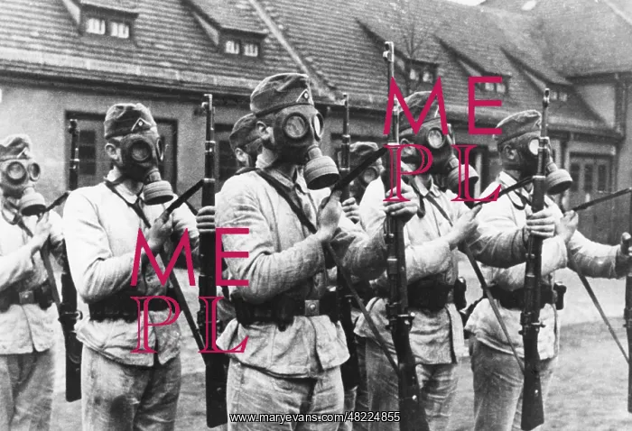 : Soldiers with gas masks at drill : Soldiers with gas masks at drill