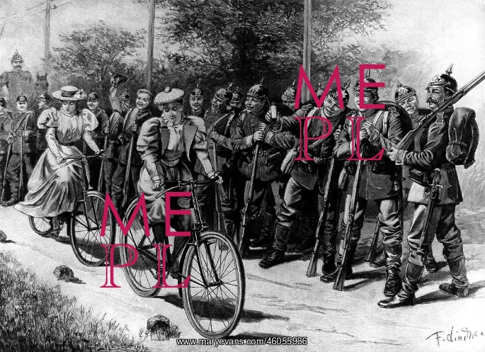 : Soldiers laughing at female cyclists : Soldiers laughing at female cyclists