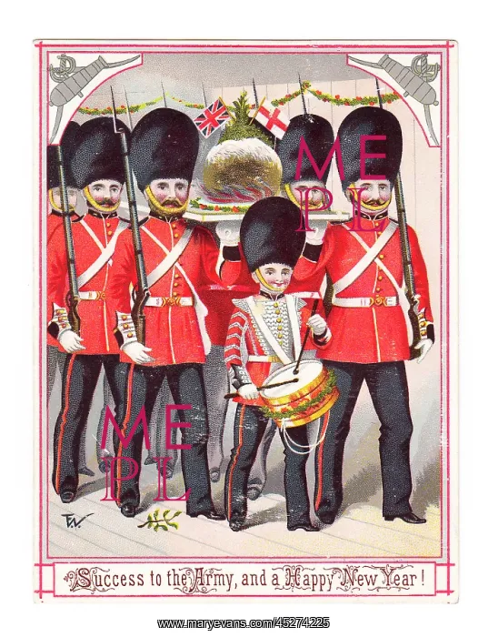 : Soldiers marching on a New Year card : Soldiers marching on a New Year card