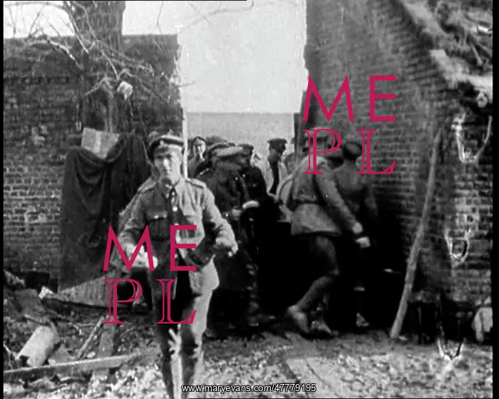 : Soldiers Queueing For Food in a Damaged Town : Soldiers Queueing For Food in a Damaged Town