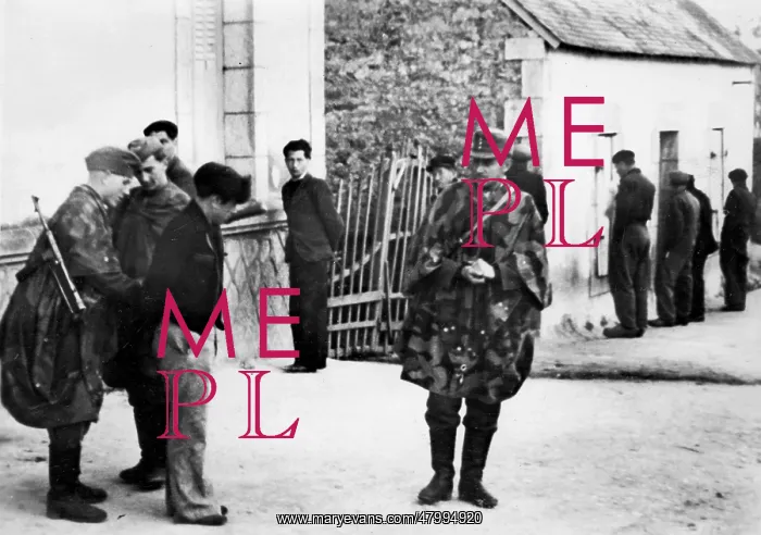 : Soldiers searching for partisans in Brittany interrogate : Soldiers searching for partisans in Brittany interrogate