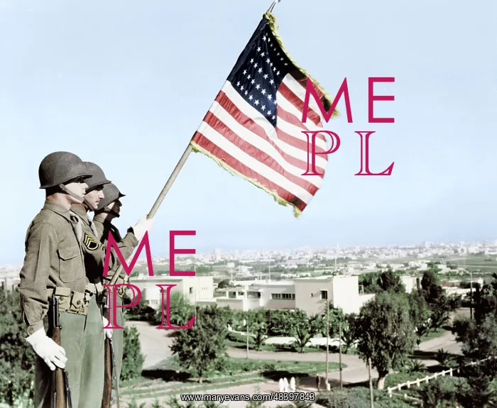 : Three soldiers standing with U.S. flag overlooking : Three soldiers standing with U.S. flag overlooking