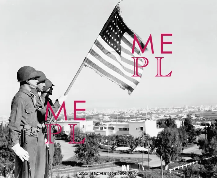 : Three soldiers standing with U.S. flag overlooking : Three soldiers standing with U.S. flag overlooking