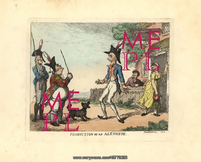 : Three soldiers in uniform parading outside a tavern : Three soldiers in uniform parading outside a tavern