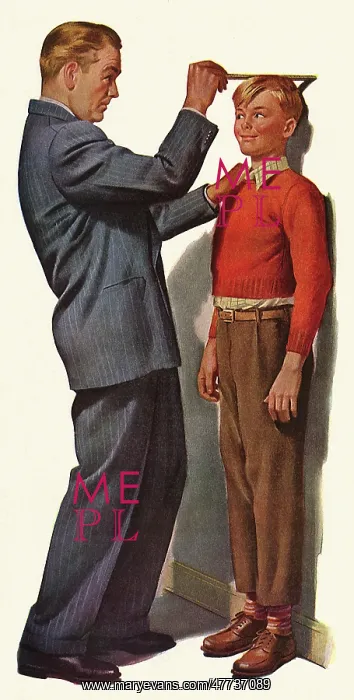 : Son leans against Wall as Father measures Height : Son leans against Wall as Father measures Height