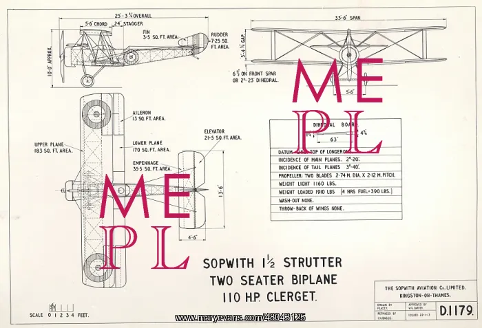 : Sopwith 1 1 / 2 Strutter three-view drawing : Sopwith 1 1 / 2 Strutter three-view drawing