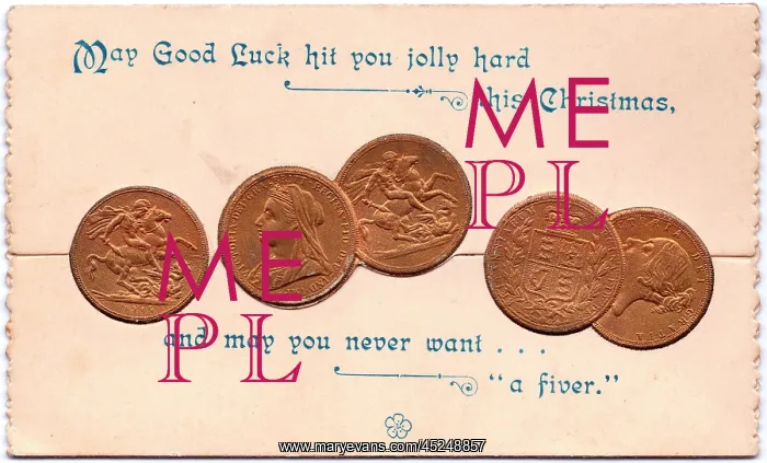 : Five sovereigns on a Christmas card : Five sovereigns on a Christmas card