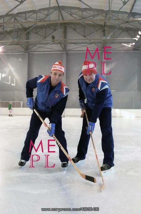 : Soviet ice hockey coaches Viktor Tikhonov and : Soviet ice hockey coaches Viktor Tikhonov and