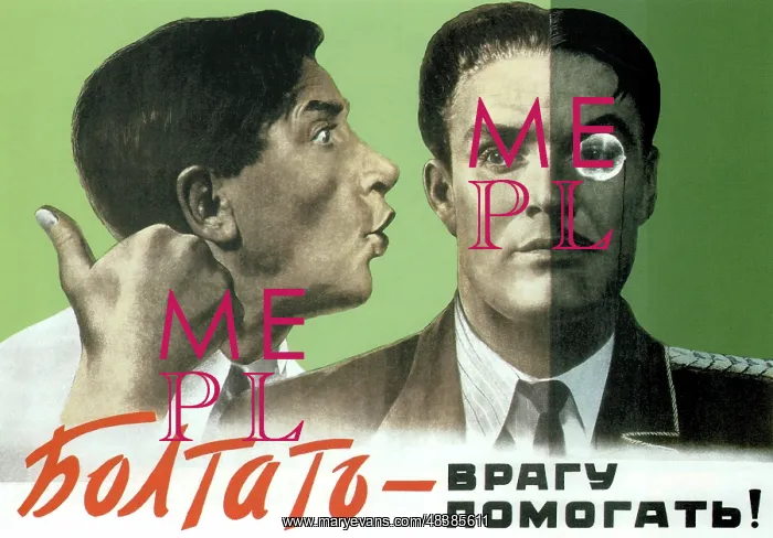 : Soviet propaganda poster of a man whispering into : Soviet propaganda poster of a man whispering into