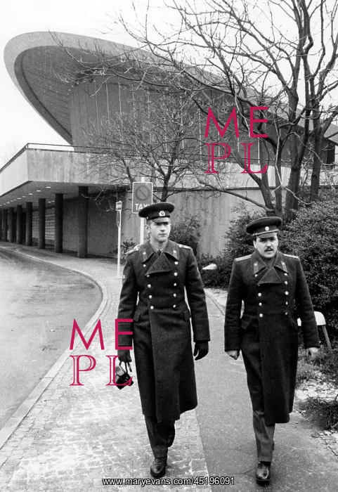 : Soviet soldiers patrolling in front of congress hall in West : Soviet soldiers patrolling in front of congress hall in West