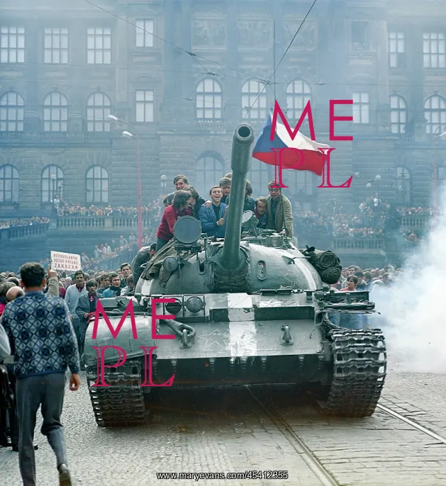: Soviet tank - Wenceslas Square - Prague - protest - flag : Soviet tank - Wenceslas Square - Prague - protest - flag