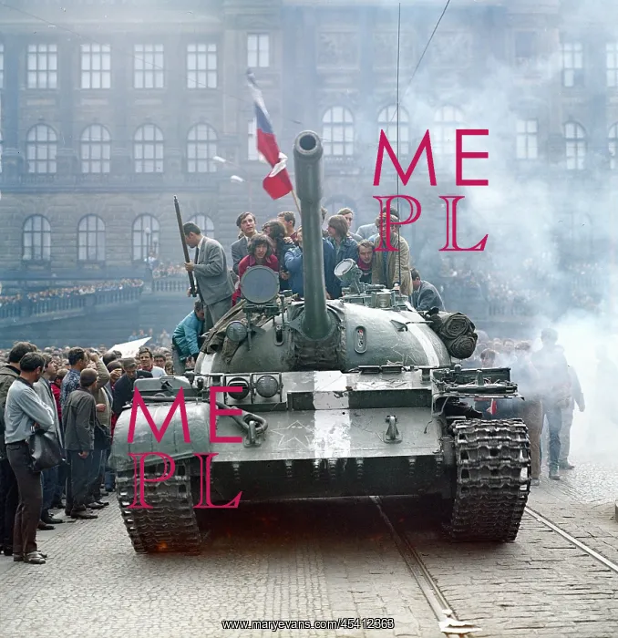 : Soviet tank - Wenceslas Square - Prague - protest - flag : Soviet tank - Wenceslas Square - Prague - protest - flag