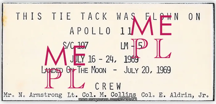 : Space Memorabilia - Apollo XI lapel pin laminated card : Space Memorabilia - Apollo XI lapel pin laminated card