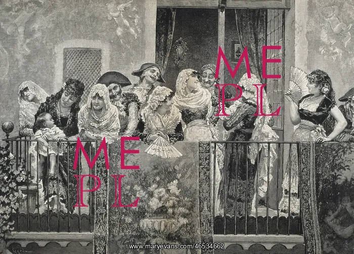 : Spain (1884). Awaiting the procession, engraving : Spain (1884). Awaiting the procession, engraving