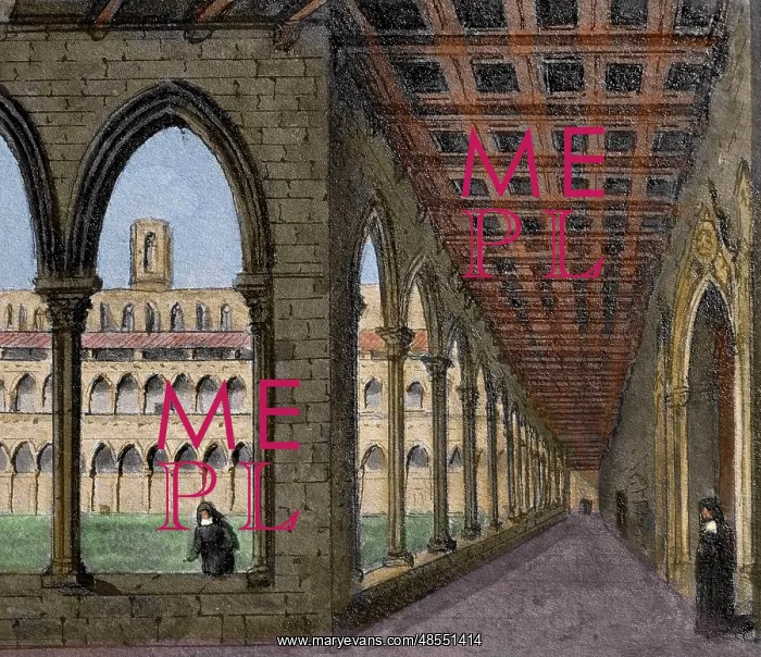 : Spain. Barcelona. Monastery of Pedralbes. Cloister. Drawing : Spain. Barcelona. Monastery of Pedralbes. Cloister. Drawing