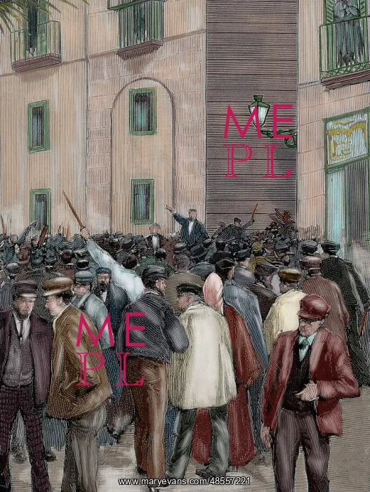 : Spain. Barcelona. Working demonstration. Engraving. Colored : Spain. Barcelona. Working demonstration. Engraving. Colored