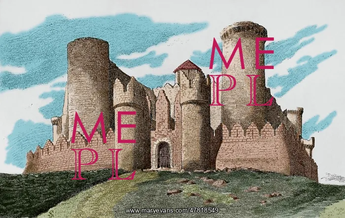 : Spain. Castle of Belmonte. Engraving. Later colouration : Spain. Castle of Belmonte. Engraving. Later colouration