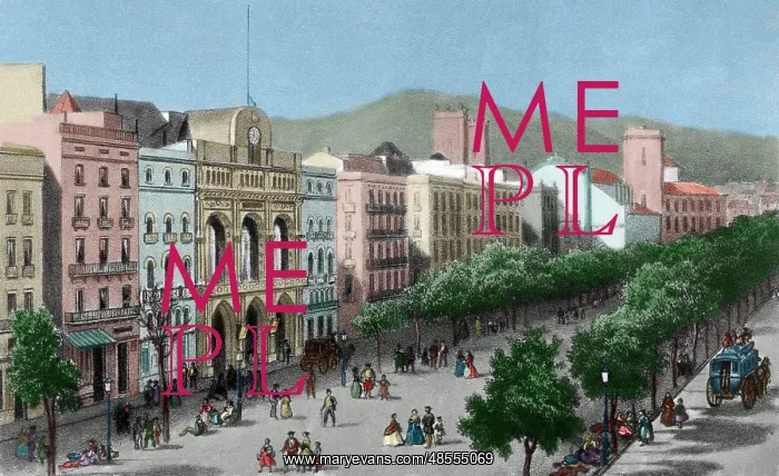 : Spain. Catalonia. Barcelona. Lithography. La Rambla and the : Spain. Catalonia. Barcelona. Lithography. La Rambla and the