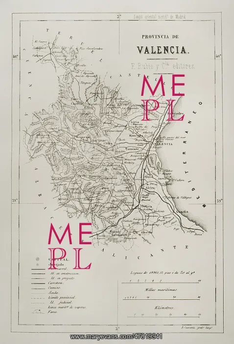 : Spain. Map of the province of Valencia, 19th century : Spain. Map of the province of Valencia, 19th century