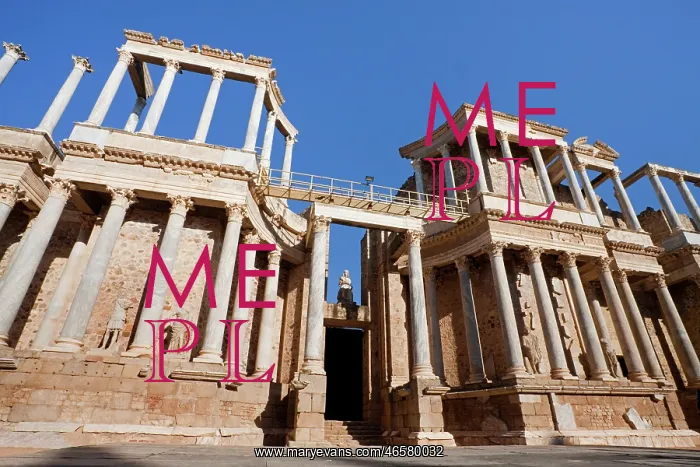: SPAIN. Merida. Roman Theatre. Wall behind the : SPAIN. Merida. Roman Theatre. Wall behind the