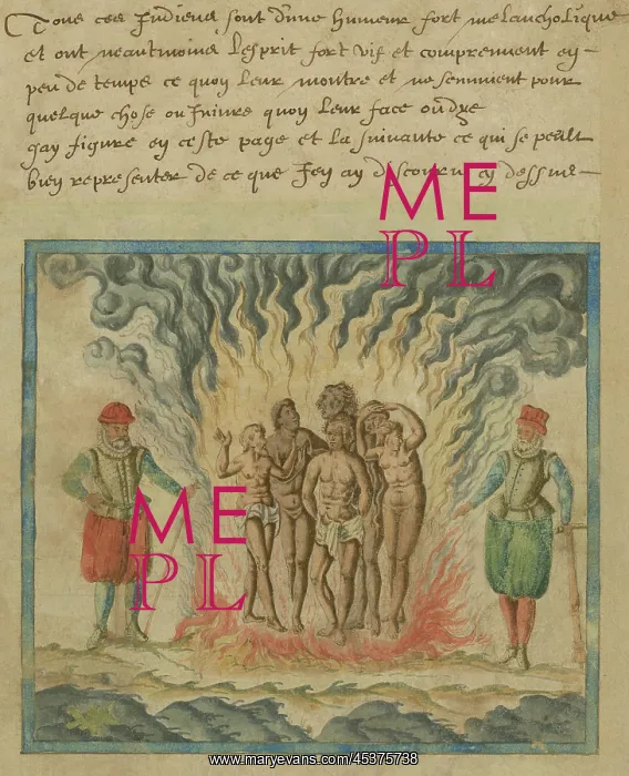 : SPANIARDS BURN NATIVE AMERICANS, 1602, watercolor : SPANIARDS BURN NATIVE AMERICANS, 1602, watercolor