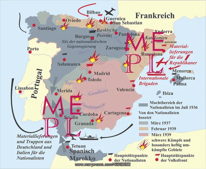 : Spanish Civil War Map 1936-1939 : Spanish Civil War Map 1936-1939