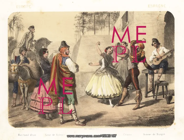 : Spanish people dancing in a square, 1858 : Spanish people dancing in a square, 1858