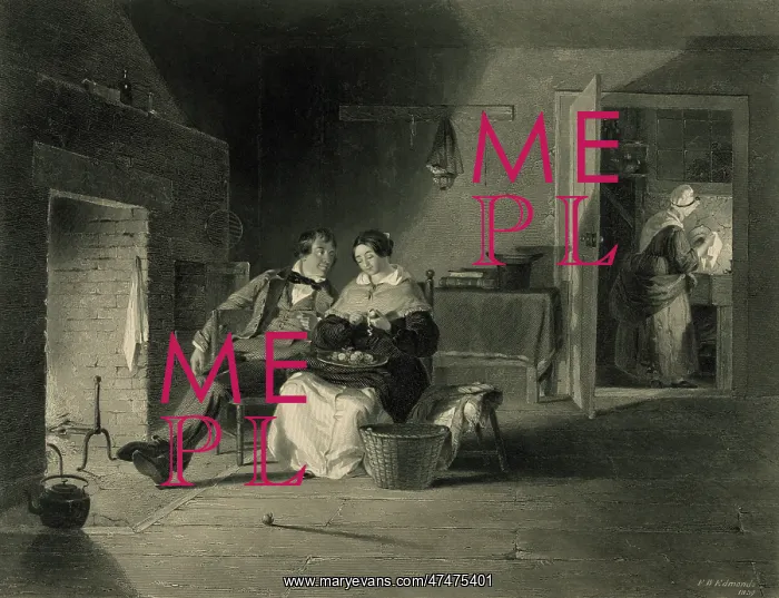 : Sparking. Print showing a young man and a young woman sitting by a large fireplace : Sparking. Print showing a young man and a young woman sitting by a large fireplace